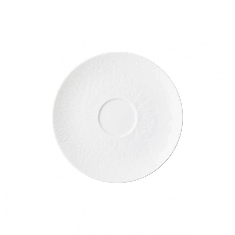 A Raynaud Mineral Dinnerware Glazed White saucer, made of fine Limoges porcelain with a slightly raised center, shown from above on a white background.