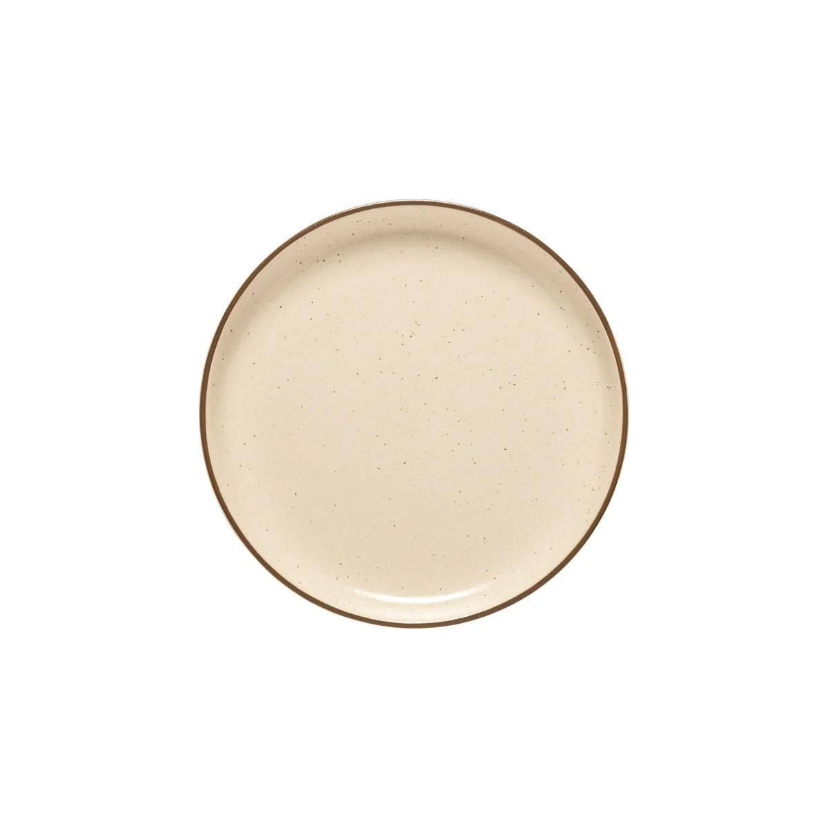 The Casafina/Costa Nova Pacifica Dinnerware Monterosa Beige plate is round with a smooth, simple design, features subtle speckles and a slightly darker brown rim, and is shown from above on a white background.
