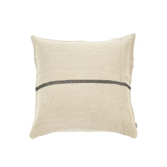 The Libeco Home Moroccan Stripe Pillow is a square, beige linen wool sham with a minimalist design featuring a single thin dark stripe across the center, displayed on a white background.