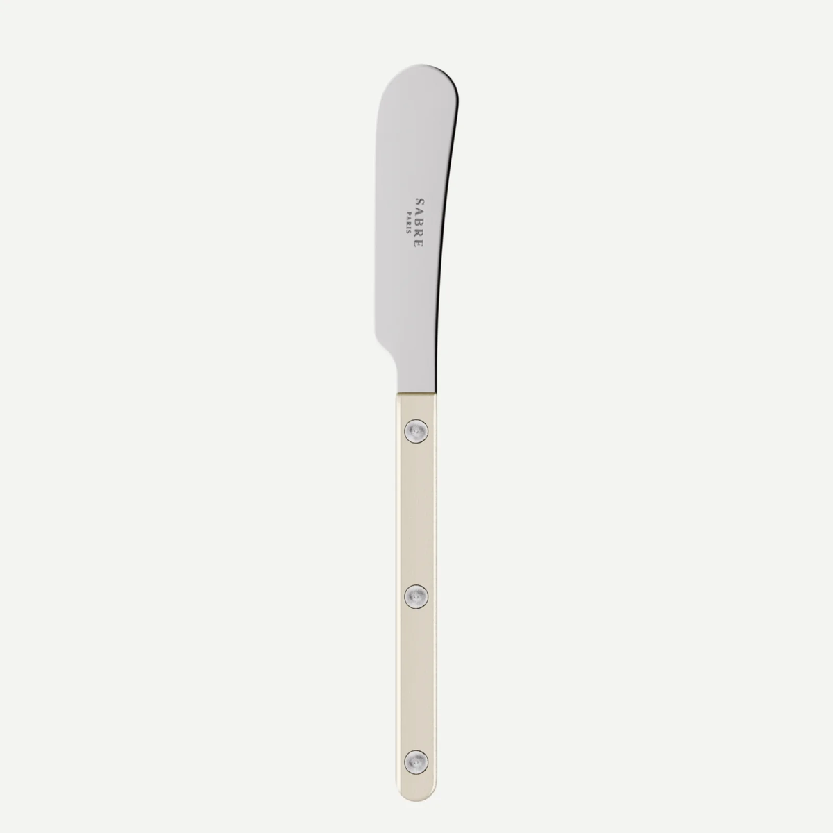 The Sabre Bistrot Pearly Butter Spreader - Pearl features a silver blade and a cream-colored handle accented by three metal rivets, shown on a plain white background.