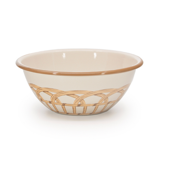 The Domino Wicker Serving Bowl Almond - Small by Crow Canyon Home is a ceramic bowl with a beige interior and rim, and a decorative exterior pattern resembling woven wicker.