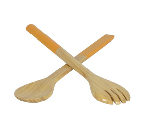 The Albert L Bamboo Classic Salad Servers Set Long features two large, eco-friendly servers—one spoon and one fork with orange handles—crossed in an X shape on a white background for stylish serving.