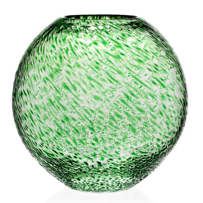 The Florence Vase Green by William Yeoward is a round, transparent glass vase with an open top and a textured, swirling pattern. Its surface features dynamic light and dark green streaks, creating an artistic and eye-catching appearance.
