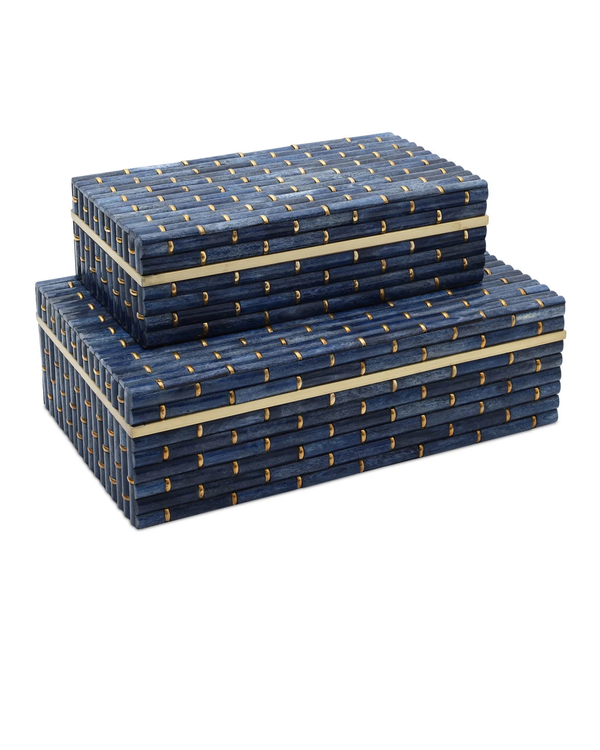 The Cambridge Box Blue Large by Currey & Company features a rectangular blue design with a woven pattern and beige bands, ideal for stylish organization or as a decorative accent in your space.