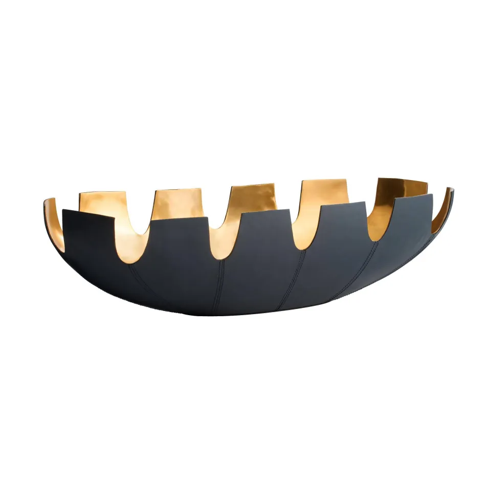 The Triomphe Leather Wrapped Centerpiece by Arteriors features a sculptural scalloped edge and elegant leather detailing, making it a striking modern decorative bowl for your table.