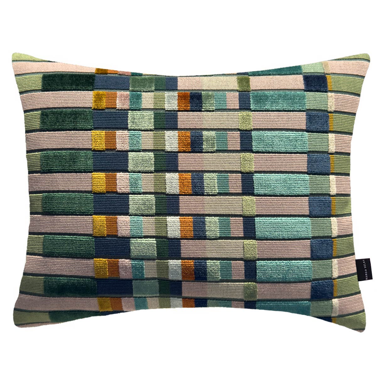 The Bruges Pillow 17 x 13 by Margo Selby features a geometric pattern of horizontal and vertical rectangles in green, blue, teal, beige, yellow, and orange on a white background. Its double-weave construction creates an embossed surface that enhances the depth and texture of this striking design.