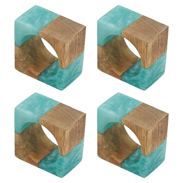 Resin & Wood Cube Napkin Ring Set of 4 - Aqua