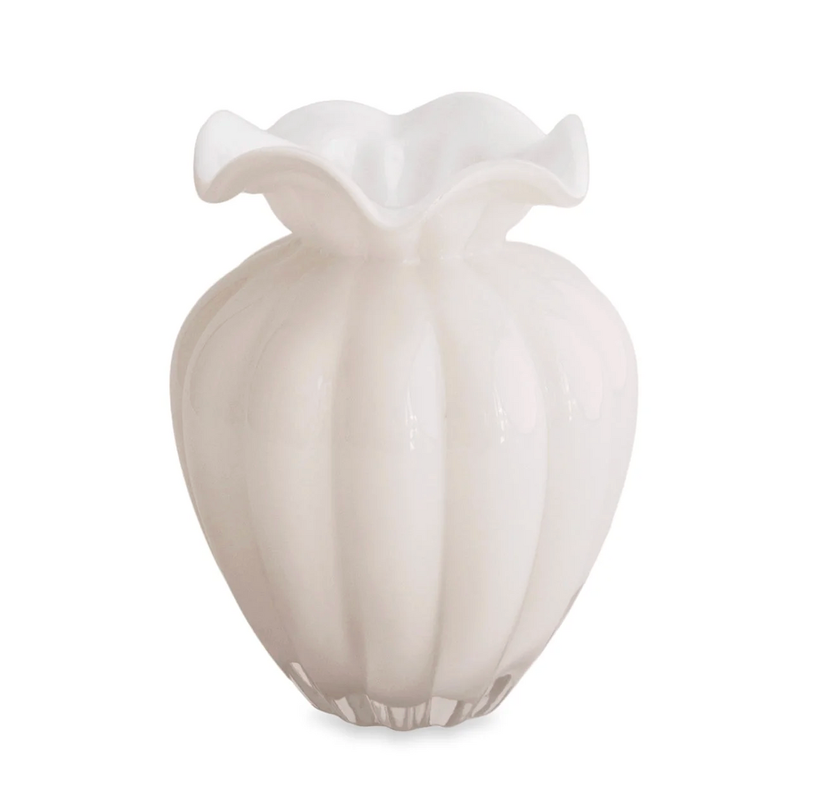 The Beatriz Ball Glass Vento Vase Cream - Large features a glossy cream finish with a wavy, flared rim and a rounded, subtly ribbed body reminiscent of a flower or pumpkin. Its smooth, reflective surface beautifully highlights the elegant artistry of this handcrafted glass vase.