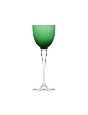 The Amadeus Hock Stemware by Saint-Louis/Hermes is a mouthblown crystal wine glass with a clear stem and base, a green bowl, and is shown against a plain white background.