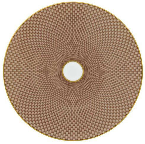 The Tresor Dinnerware Beige by Raynaud is an 8 3/4-inch round porcelain plate with a woven geometric brown pattern radiating from a white center and finished with a slim gold rim, bringing elegance and visual intrigue to your table setting.