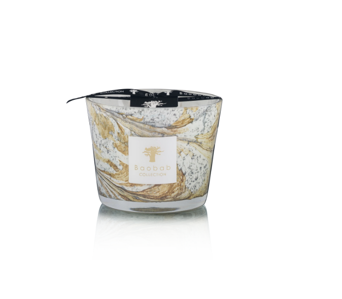 The Baobab Leaves Nais Candle is a marbled glass luxury candle with gold, white, and grey swirls, accented by a black ribbon at the rim and a white label featuring a gold tree logo.