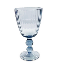 The Beatriz Ball Vida Acrylic Drinkware Set of 4 in Blue features blue-tinted goblets with vertical ribbed bowls and stems with two stacked spheres above wide bases—perfect for all-purpose use or as a chic set.