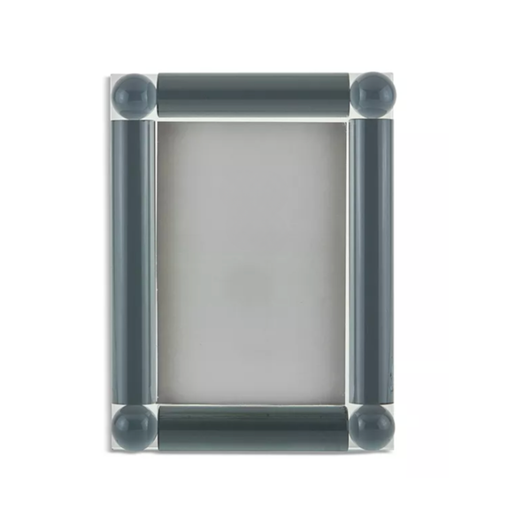 The Tizo Corner Ball Crystal Frame Grey features thick, dark grey cylindrical sides and round corner accents, creating an elegant way to display your favorite 5x7 photos.