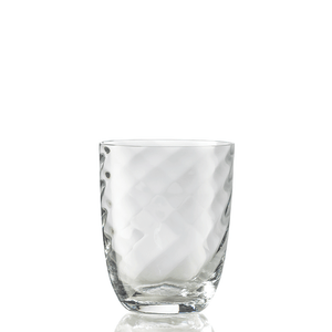 The Idra Tumbler Optic Twist by Nason Moretti is a clear glass tumbler featuring a twisted diamond pattern.
