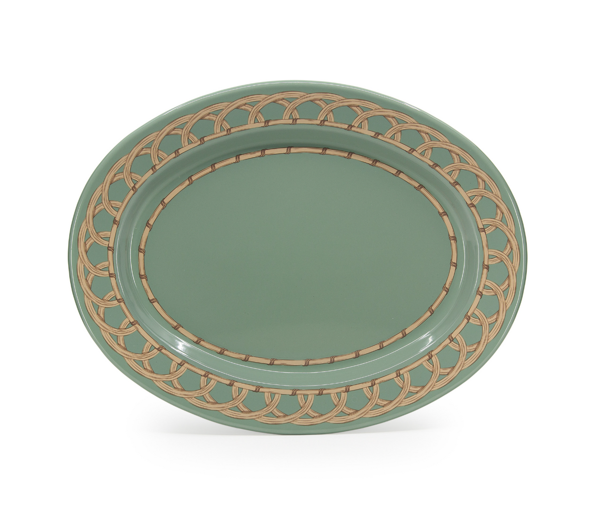 The Domino Wicker Oval Tray in Sea Blue by Crow Canyon Home features a decorative, interwoven gold pattern around the rim and a plain center, combining elegance and classic style in a small, oval design.