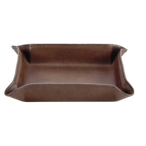 The Graphic Image Leather Valet Tray Medium is a brown, rectangular leather tray with stitched edges and flared corners, ideal as a men's organizer or nightstand tray, shown against a white background.