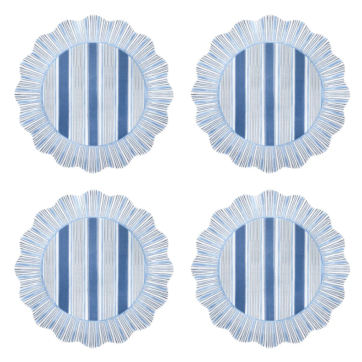 Set of 4 Juliska Cabana Stripe Melamine placemats in Ocean, featuring blue and white vertical stripes with scalloped, radiating edges, shown arranged in a 2x2 grid on a white background.