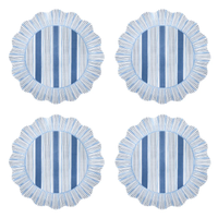 Set of 4 Juliska Cabana Stripe Melamine placemats in Ocean, featuring blue and white vertical stripes with scalloped, radiating edges, shown arranged in a 2x2 grid on a white background.