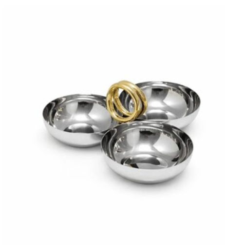 Three shiny silver bowls from the Godinger Loop 3 Section Nut Bowl are arranged in a triangle and joined at the center by two interlocking gold rings. This elegant serving piece combines silver and gold tones to create a striking centerpiece, perfect for elevating any table setting. The bowl is set against a plain white background.