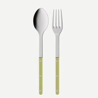 The Sabre Bistrot Pearly Serving Set features a metal spoon and fork with shiny silver heads and light green pearlescent handles with three small silver rivets, shown side by side on a white background.