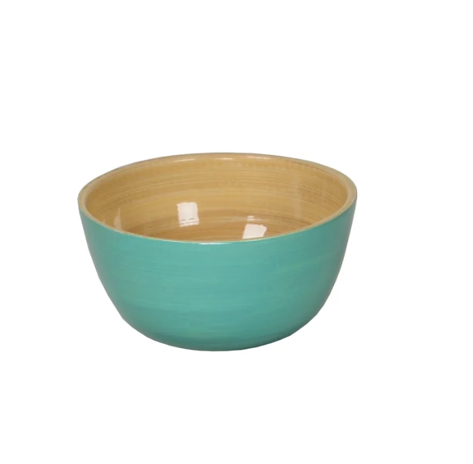 The Albert L Bamboo Classic - Mini Dip Bowl features a teal exterior, natural wood interior, and is crafted from food-safe bamboo for durable, stylish, and practical tableware.