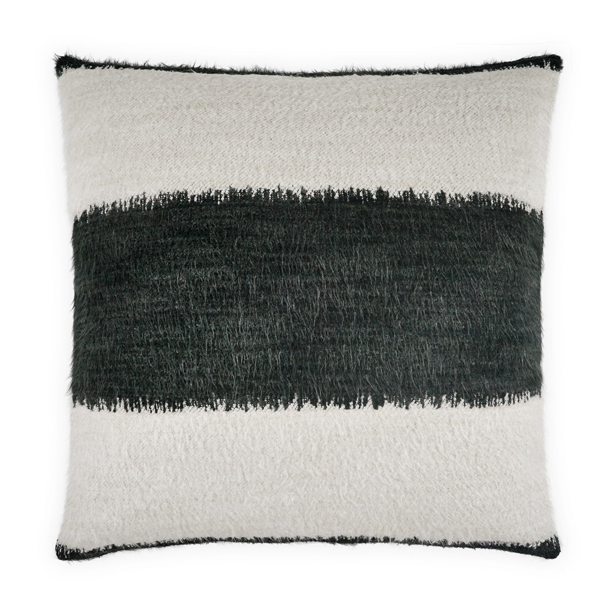 The Palomino Pillow by D.V. KAP / Canaan Company features a textured wide black horizontal stripe, creamy white sections, piped black edges, and soft fuzzy fabric for a modern decorative accent.