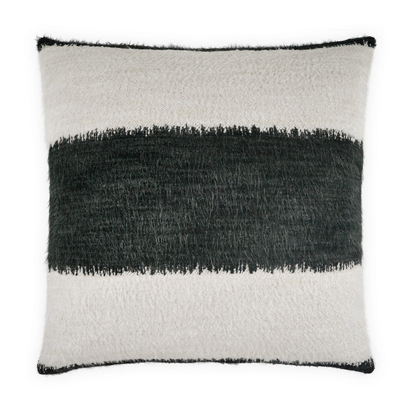 The Palomino Pillow by D.V. KAP / Canaan Company features a textured wide black horizontal stripe, creamy white sections, piped black edges, and soft fuzzy fabric for a modern decorative accent.