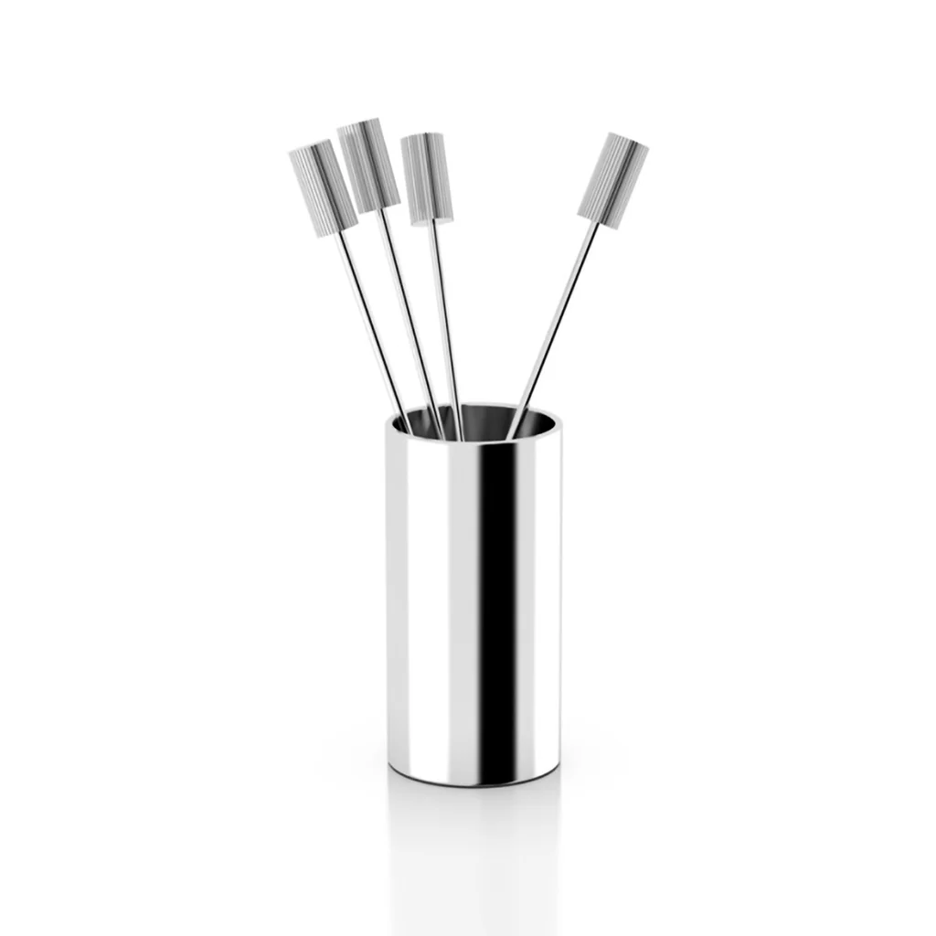 Striations Silver Cocktail Picks Set/ 4 and Holder