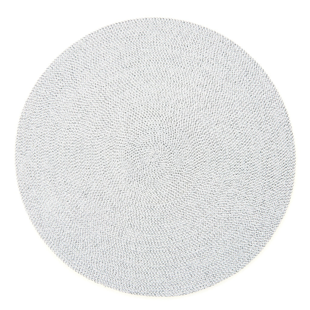 Round silver and white Deborah Rhodes Shimmer Placemat featuring a spiral woven texture.