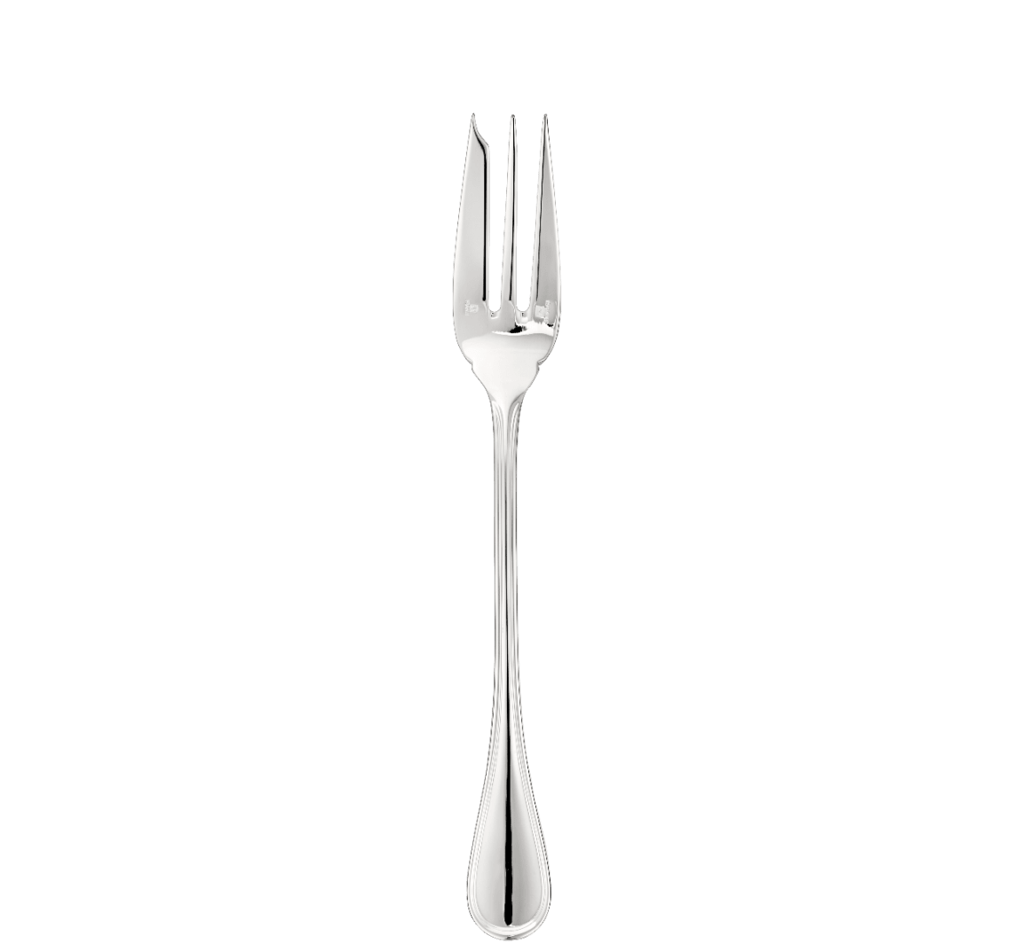 The Christofle Albi Acier Stainless Steel Serving Fork features three wide tines and a decorative handle, displayed centered on a plain white background.