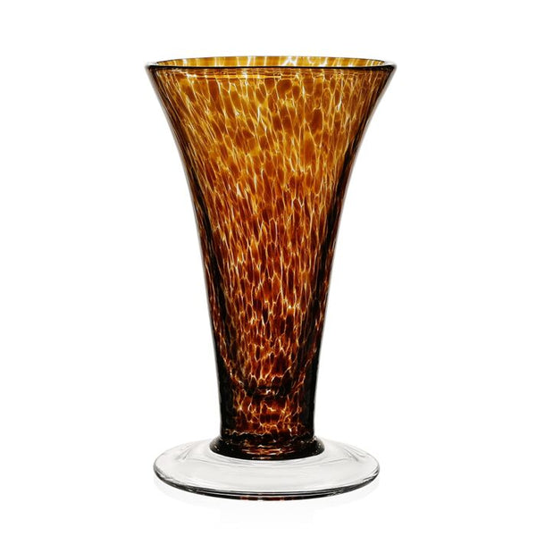 The Vanessa Vase - Tortoise by William Yeoward is a tall, flared glass vase with a wide rim, showcasing mottled amber and brown Mediterranean tones and a clear, round base.