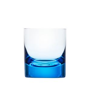 An empty Moser Whiskey DOF Glass 370 ml, made from clear lead-free Czech crystal with a thick blue base, displayed against a plain white background.