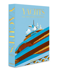 Yachts - Impossible Collection by Assouline is a luxury book with an illustrated cover showing a modern yacht in blue, gold, and brown hues set against a light blue background.
