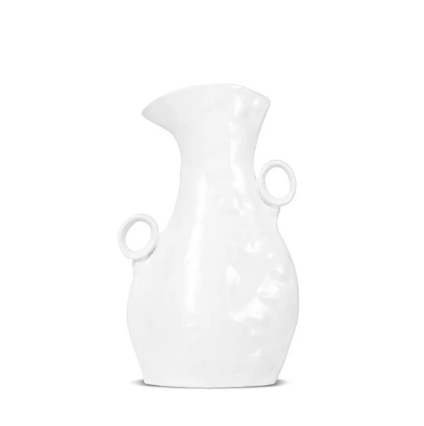 Montes Doggett’s Ceramic Serveware - Pitcher 922 is a white, high-fired ceramic pitcher featuring two circular handles on each side and a wide, slightly tilted spout, showcased against a plain white background.
