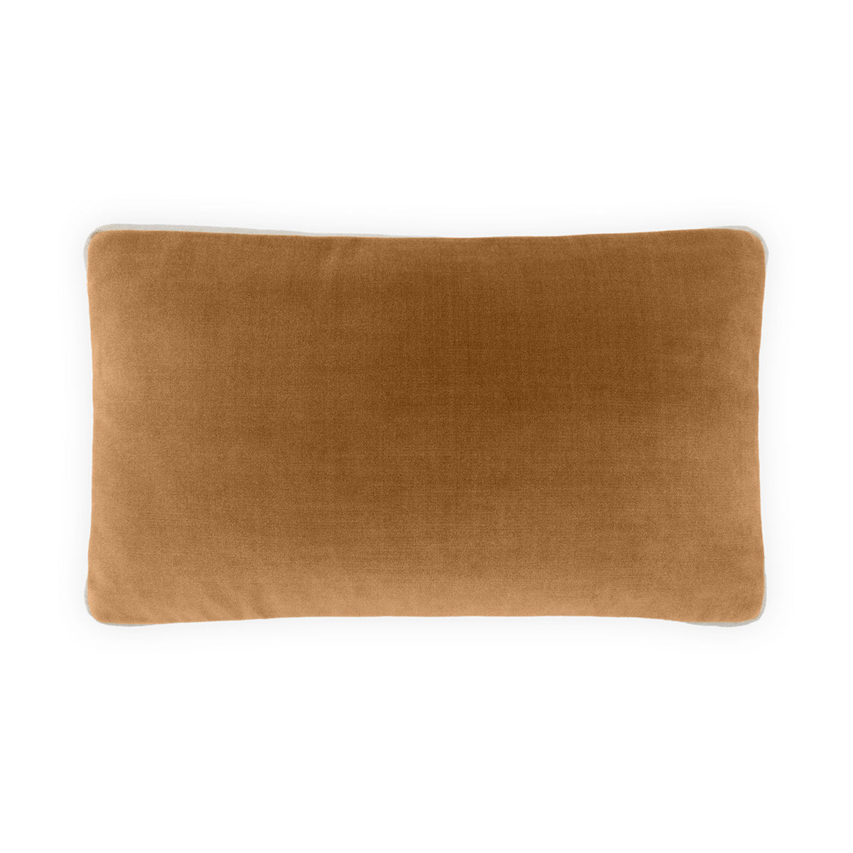 The Deveraux Contrasting Box Edge Pillow in Cognac (12 x 22) by D.V. KAP / Canaan Company, a rectangular light brown velvet geometric throw pillow, is shown against a white background.