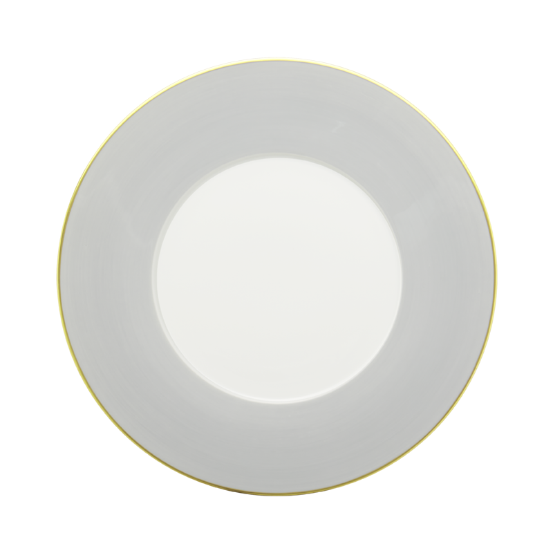 A top-down view of the Mottahedeh/Robert Haviland Lexington Dinnerware- Grey plate, featuring a plain white surface accented by a subtle grey rim and a thin gold edge, set against a white background.