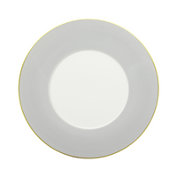 A top-down view of the Mottahedeh/Robert Haviland Lexington Dinnerware- Grey plate, featuring a plain white surface accented by a subtle grey rim and a thin gold edge, set against a white background.