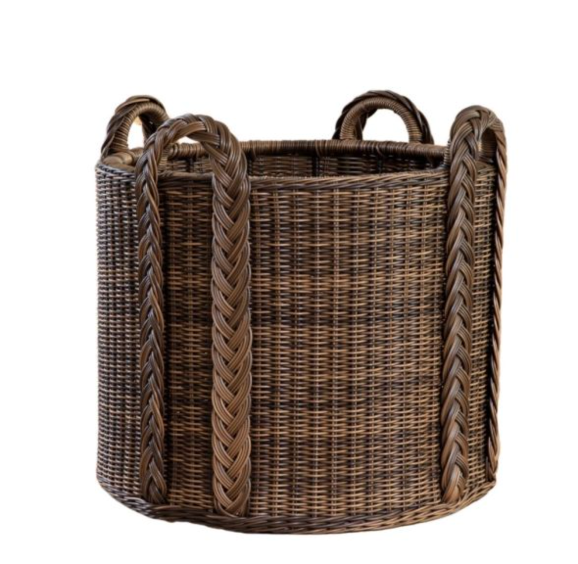 The Newport Outdoor Round Basket Walnut by Memoire Designs features a round brown rattan design with two large braided handles, ideal for outdoor storage and showcased against a white background.