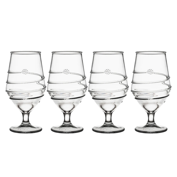 The Juliska Amalia Acrylic Goblet Set of 4 in Clear features signature swirling and beaded detailing around the bowl, plus a classic footed base—combining elegant presentation with durable acrylic construction.