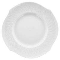 A white ceramic plate from the Meissen brand’s Waves Relief collection, featuring a textured, wavy pattern along the rim and viewed from above on a plain background—this piece exemplifies modern dinnerware with its distinctive design.