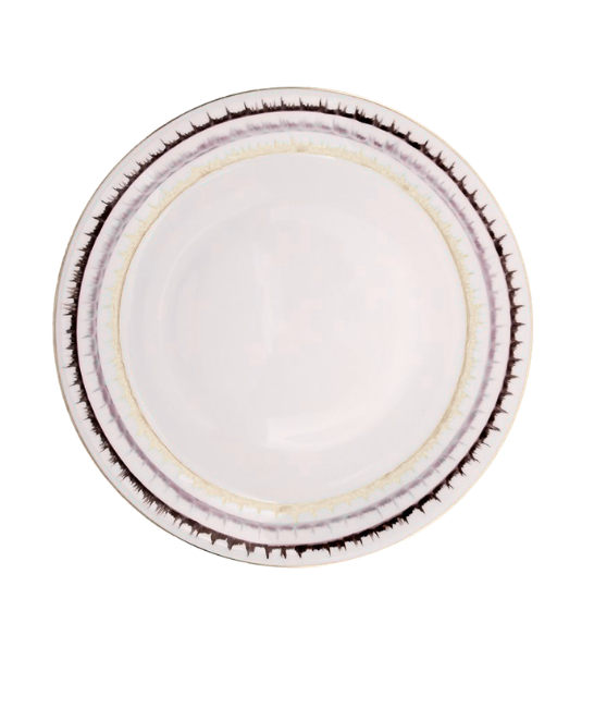 Marie Daage Sisal 1 dinner plate featuring a wide border with a dark brown brushstroke rim and a textured, pale yellow patterned band of hand-painted Limoges porcelain.