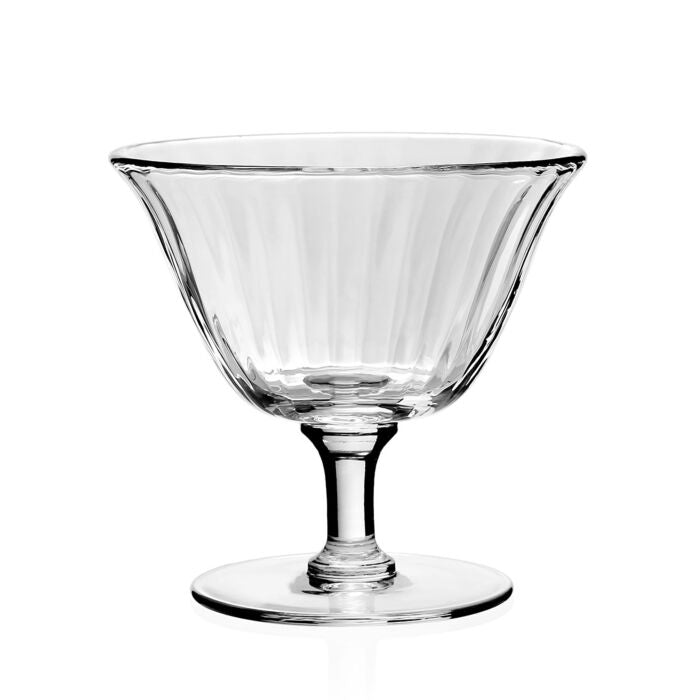 The Corinne Footed Seafood / Dessert Bowl by William Yeoward features vertical grooves on its wide, flared glass bowl and a short stem, beautifully displayed against a white background.