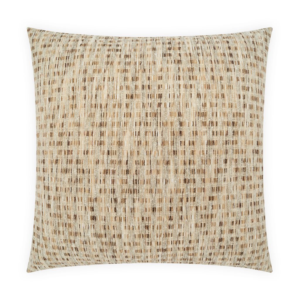 The Wicklow Pillow 22 x 22 by D.V. KAP / Canaan Company features a neutral textured pattern of beige, tan, and brown lines and dots, resembling a woven design, set against a white background.