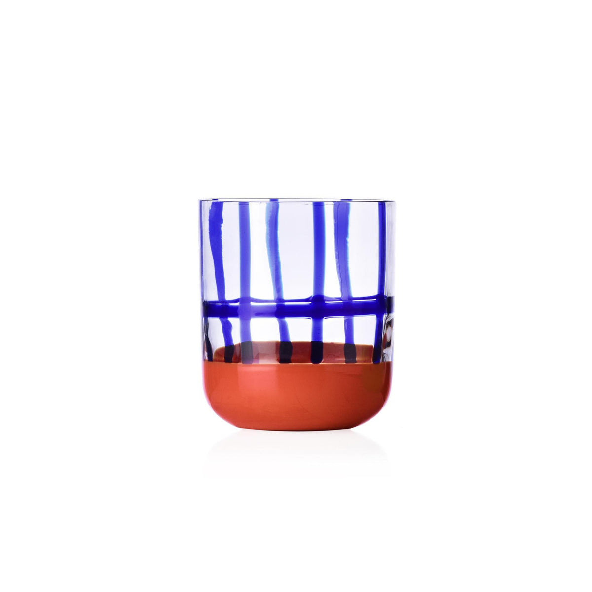 The Gesti Tumbler by Ichendorf Milano features vertical blue stripes on the top half and a solid red color on the bottom half, displayed against a white background.