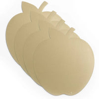Four gold-colored Leather Apple Charger placemats from the Waterdale Collection are stacked in a fan arrangement on a white background—a perfect way to add elegance to your Rosh Hashanah table with these stylish faux leather placemats (Set of 4).