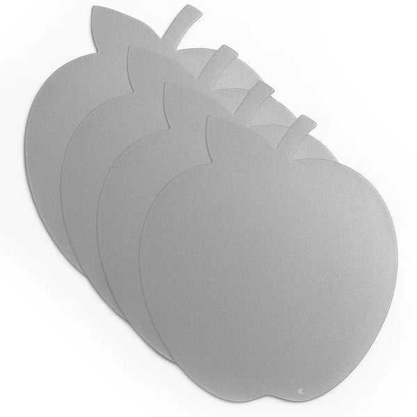 Four silver Leather Apple Charger placemats from the Waterdale Collection, crafted from faux leather, overlap in a fanned-out arrangement on a white background—perfect for adding an elegant touch to your Rosh Hashanah table.