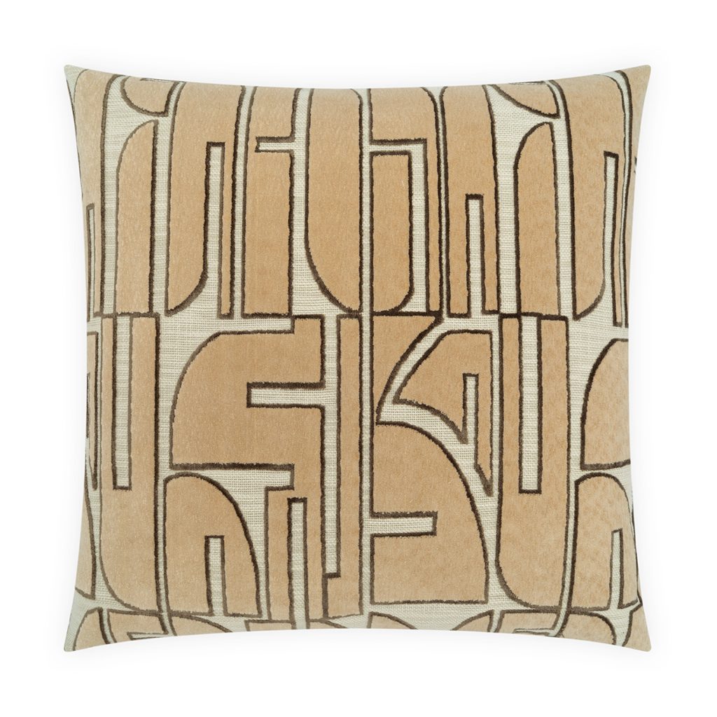 The Redux Pillow by D.V. KAP / Canaan Company features a beige and cream geometric abstract design with bold brown curves. This 22x22 down pillow adds a modern, artistic touch to any space.
