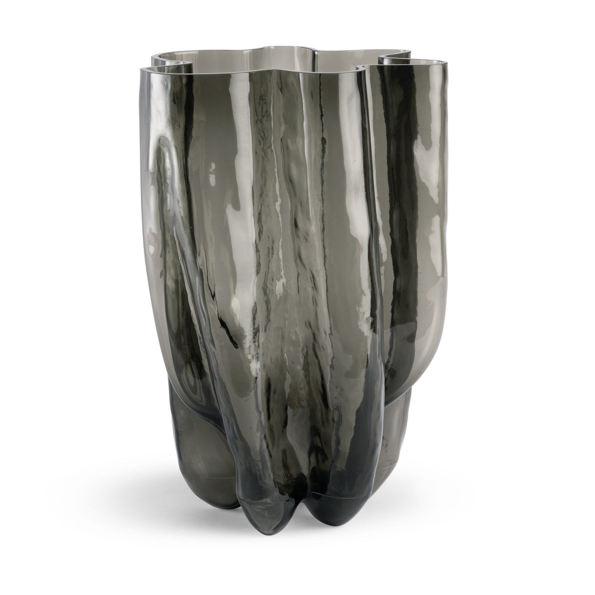 The Hudson Smoke Grey Vase by FlowDecor Inc. features a tall, sculptural design in smoky gray glass with a glossy finish, organic curves, and a wavy rim for striking modern decor.