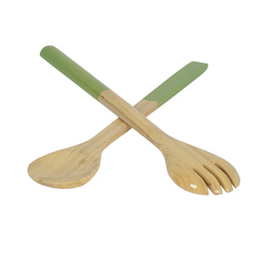 The Albert L Bamboo Classic Salad Servers Set Long features an eco-friendly spoon and fork with green handles crossed stylishly on a white background.