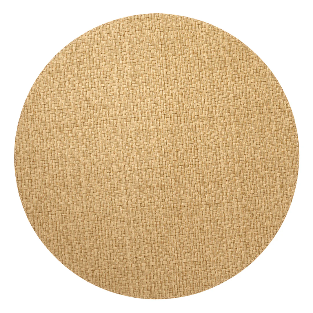 The Bodrum Wicker Round Placemat Set of 4 in straw features tan, wicker-textured placemats shown from above on a white background.